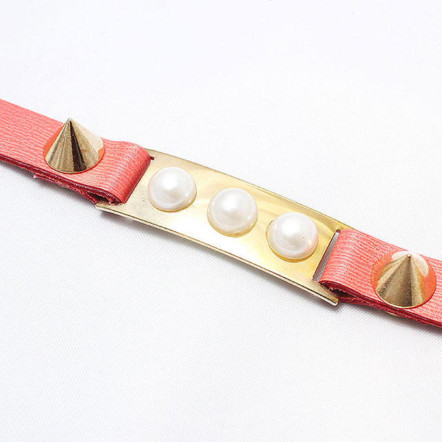 [803studio]Triple Pearl Leather Bracelet_Pink/트리플 펄 레더 브레이스릿_핑크 //가죽팔찌/플레이트팔찌